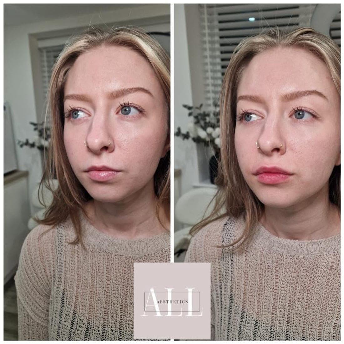 Face turned slightly, before and after side by side, long hair