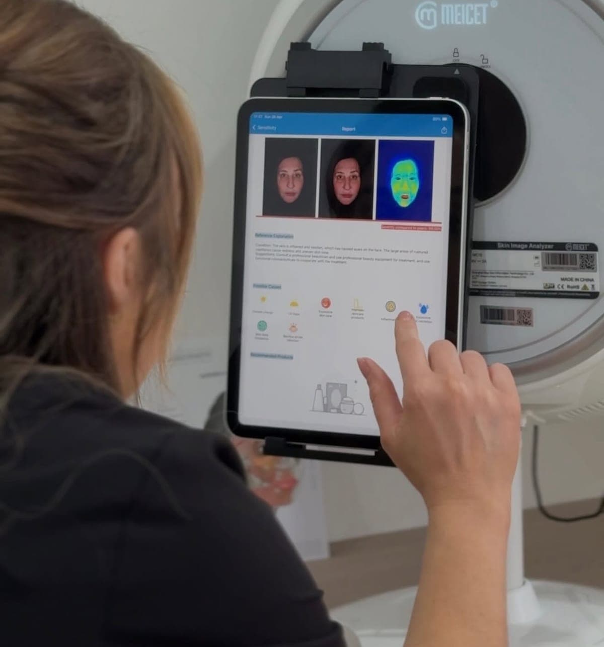 A client's skin report on the tablet of the skin analysis scanner